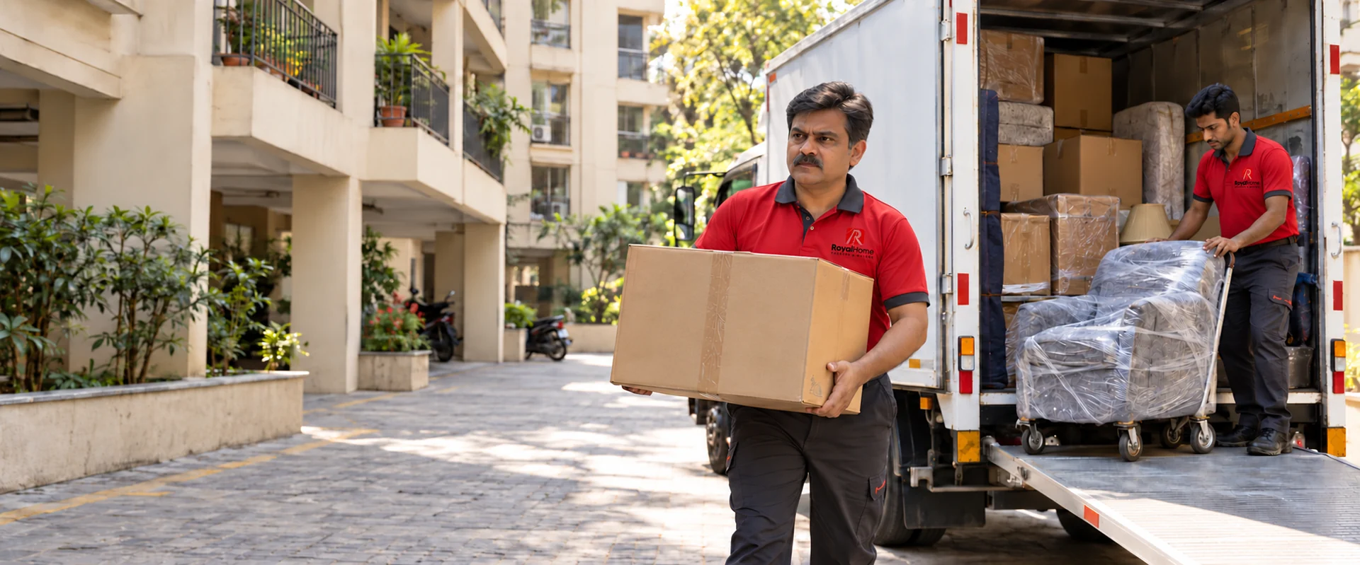 Illustration of an Indian moving team loading packed household goods outside a Mumbai apartment