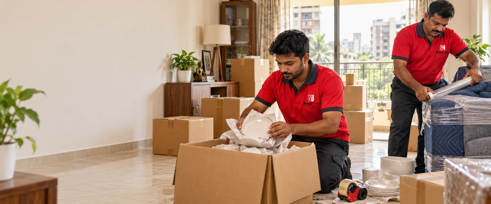 Illustration of Indian movers packing crockery and protecting furniture inside a Mumbai apartment
